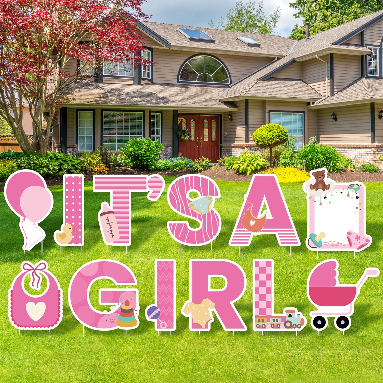 Photo 1 of Elcoho 12Pcs Its A Girl Yard Sign with Stakes Stork Baby Shower Yard Sign Pink Gender Reveal Lawn Sign Welcome Home Yard Sign for Outdoor Baby Shower Party Decoration