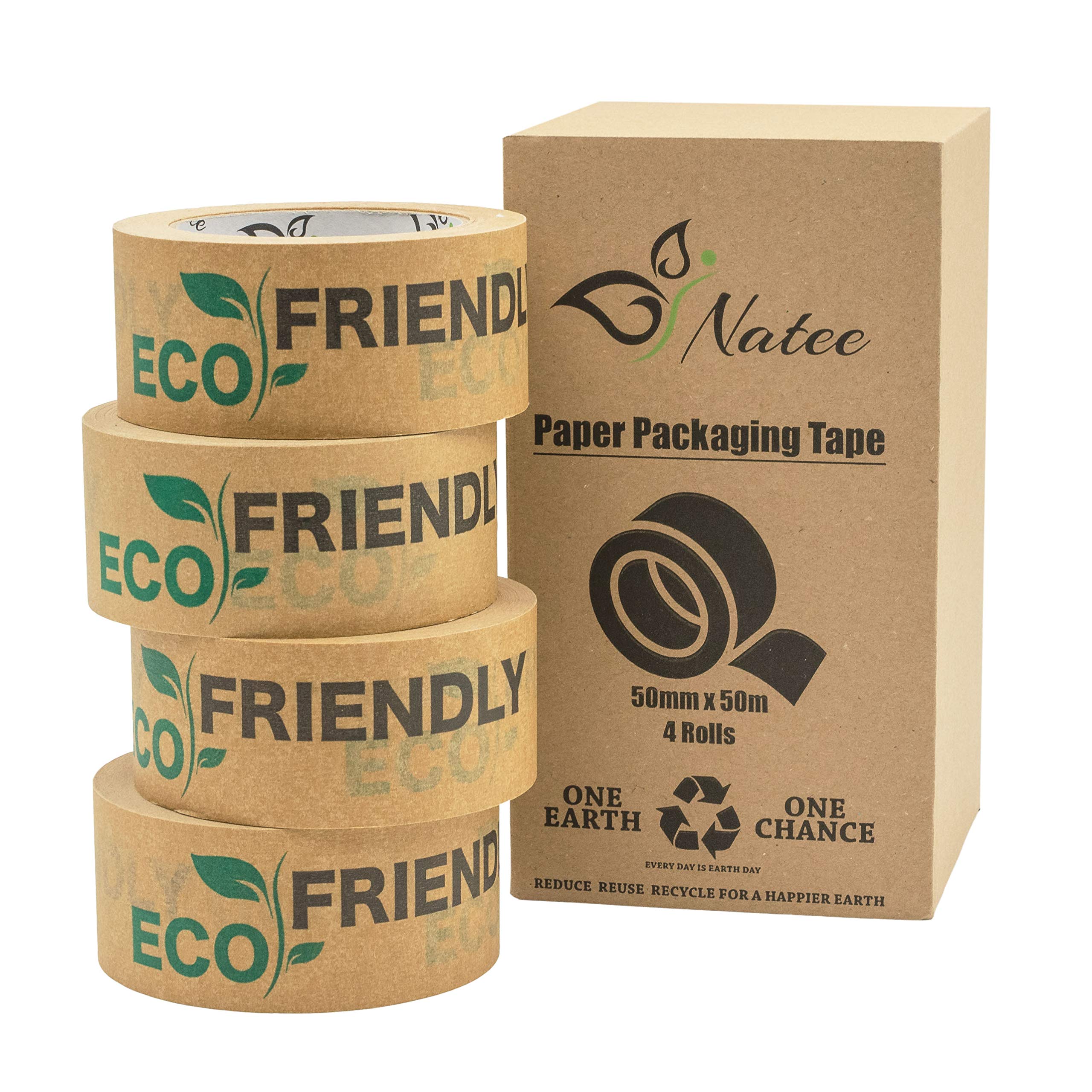 NATEE® Paper Packaging Tape | Fully Recyclable Tapes | Eco-Friendly Printed Kraft Paper for Packing Parcels and Boxes | Brown Paper Packaging for Moving House | Strong Sticky Roll 50m x 50mm | 4 Rolls
