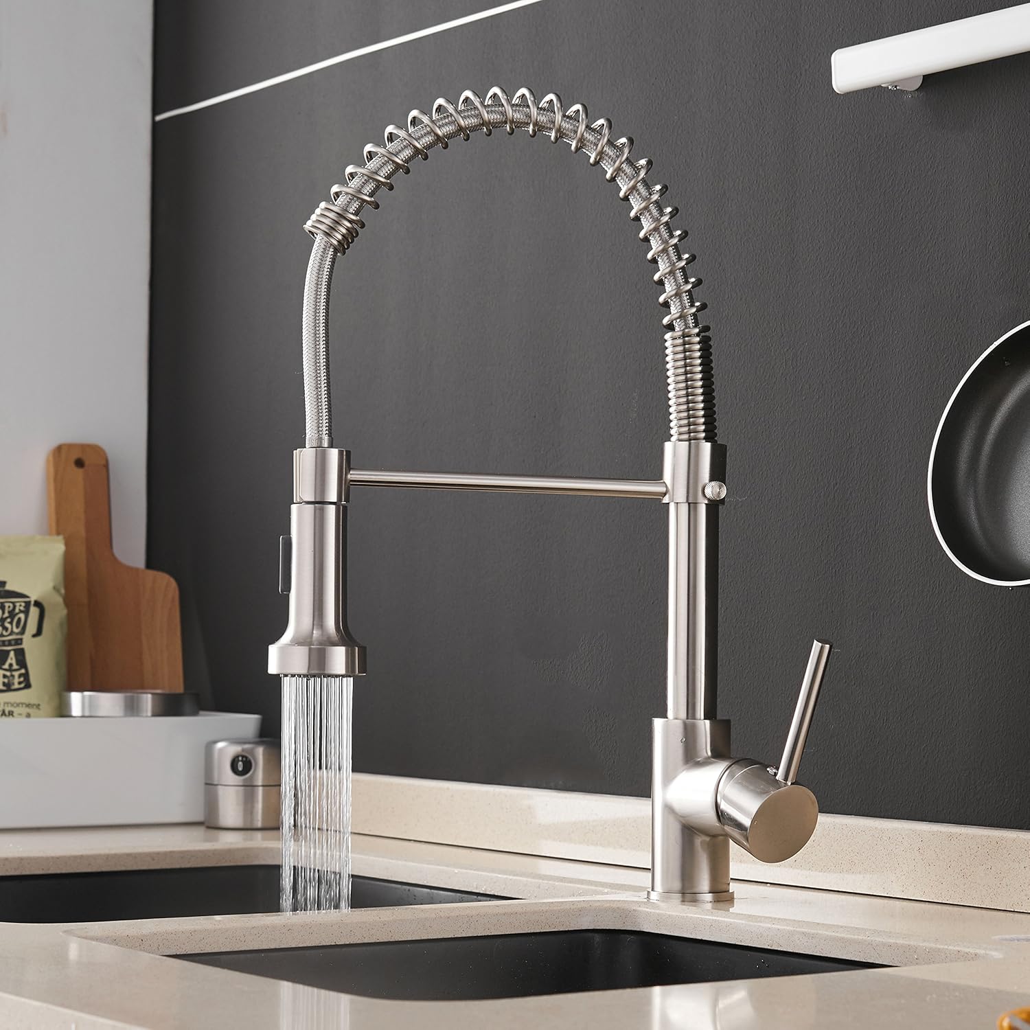 OWOFAN Kitchen Faucets Low Lead Commercial Solid Brass Single Handle Single Lever Pull Down Sprayer Spring Kitchen Sink Faucet, Brushed Nickel - - 