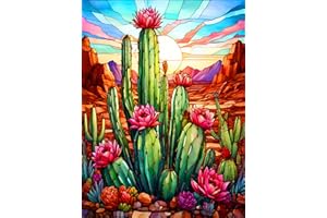 Lophomie Cactus Diamond Art Kits for Adults Landscape Stained Glass Round Diamond Painting for Beginners Gem Art DIY Crafts for Home Wall Decor Gifts 12x16 inch