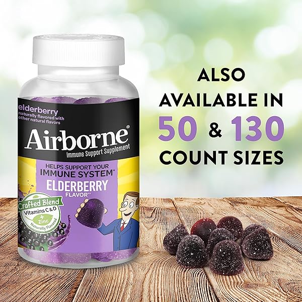 AIRBORNE ELDERBERRY + ZINC & VITAMIN C GUMMIES FOR ADULTS, IMMUNE SUPPORT VITAMIN D & ZINC GUMMIES WITH POWERFUL ANTIOXIDANT VITAMINS C D & E – 50 GUMMIES, ELDERBERRY FLAVOR