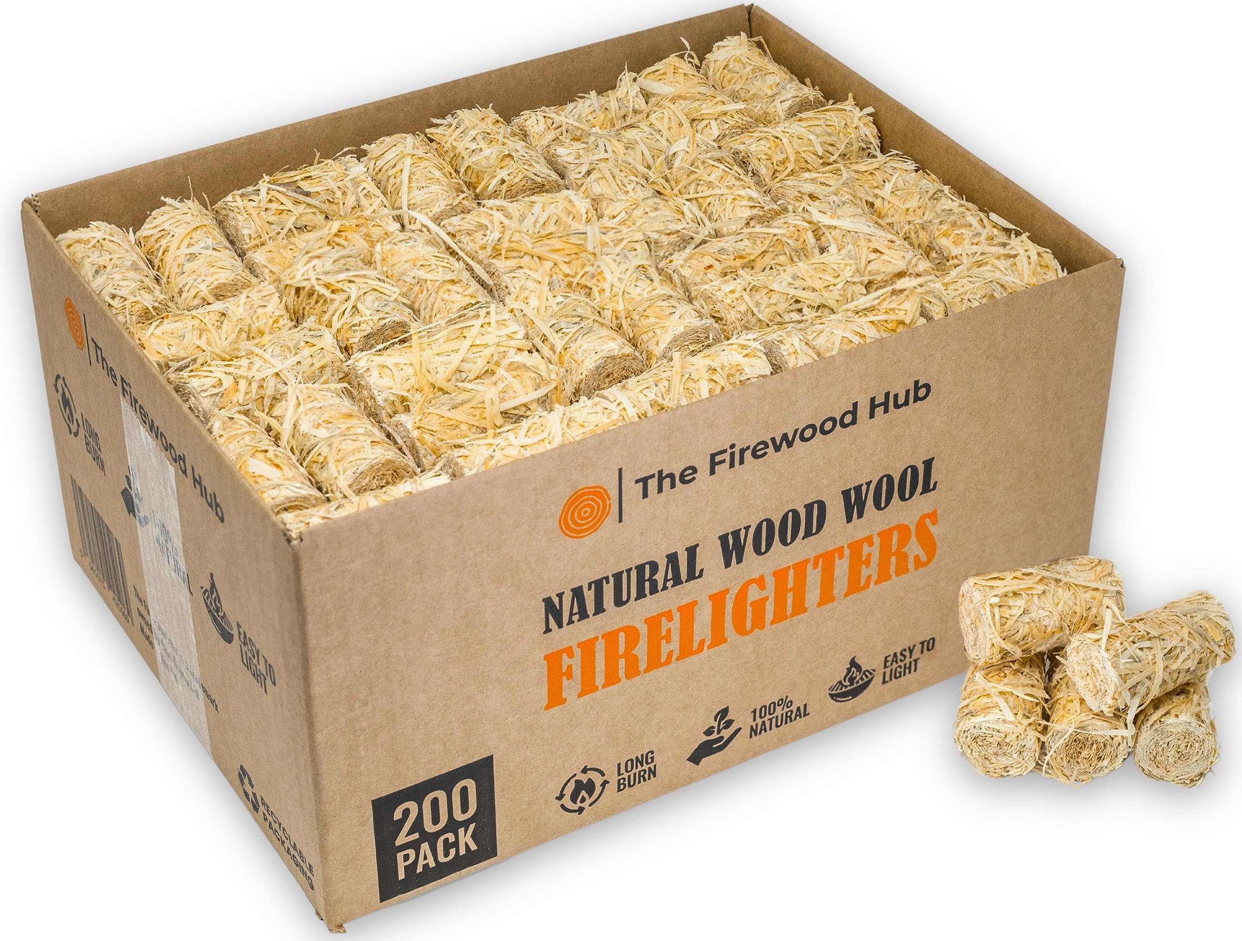 200 - Natural Eco Wax Coated Wood Wool Firelighters for Safe, Clean and Odorless Ignition of Wood and Log Burners, BBQs, Pizza Ovens, and More - The Perfect Fire Starter For Any Occasion (200)