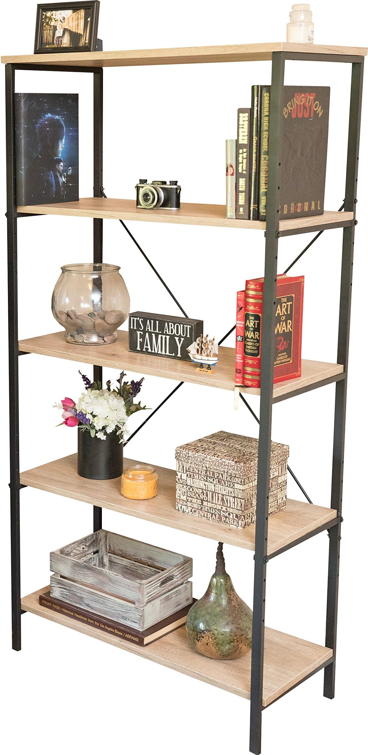 Sleekform Bookshelf | Vintage Industrial Rustic Style Open 5 Shelf Bookcase | Solid Wood Shelving Unit for Home or Office