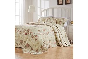 GREENLAND HOME FASHIONS Greenland Home Antique Rose Jumbo Size 100% Cotton Bedding Set, Bedspread 110 W x 118 L with 2 Shams 20 W x 26 L Each, Queen (3 Piece), Ecru