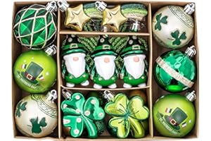 Valery Madelyn St Patricks Day Decorations Shamrock Tree Ornament,30pcs Hanging Ball Ornament Gnome Decor for Irish Festival, Good Luck Clover Emerald Green Gold Christmas Ball for Party Home Spring