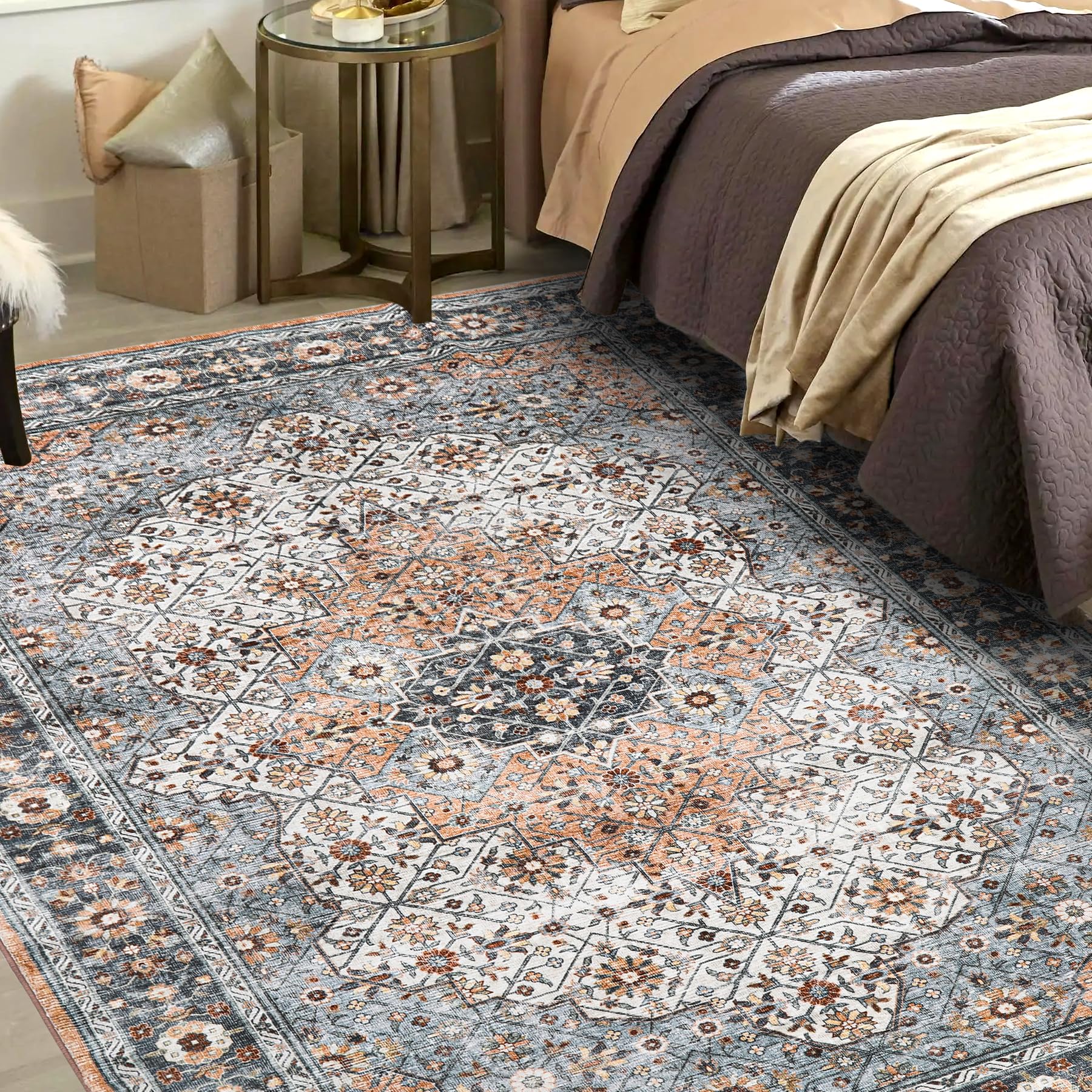 Photo 1 of Mcadore 5x7 Area Rugs Washable Boho Rug, Non Slip Carpet for Living Room, Boho Vintage Design Rug, Foldable Soft Low-Pile Rug, Vintage/Multi