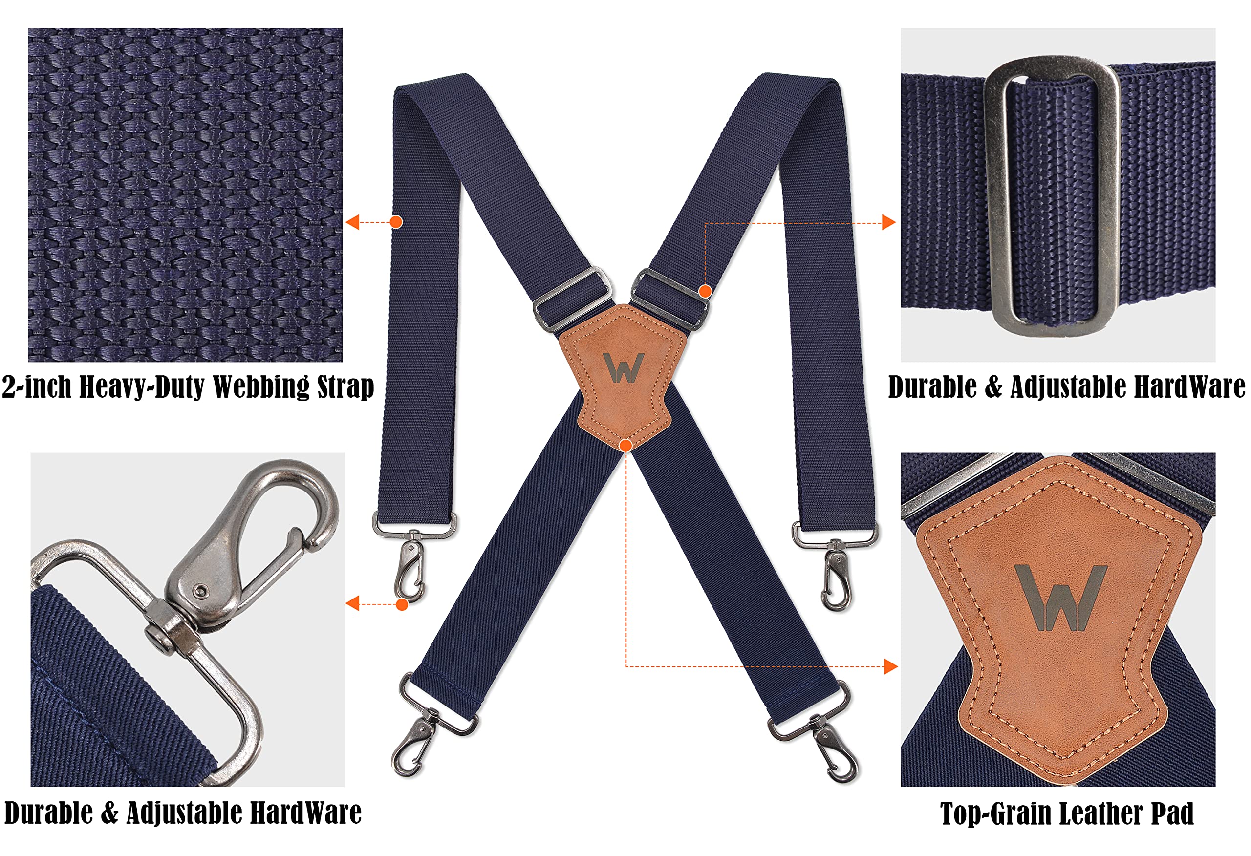 WELKINLAND Navy suspenders for men, 2 Inch Wide Work Suspenders, Heavy Duty Swivel Suspender, Mens Suspender for jeans, Big and tall suspenders for men