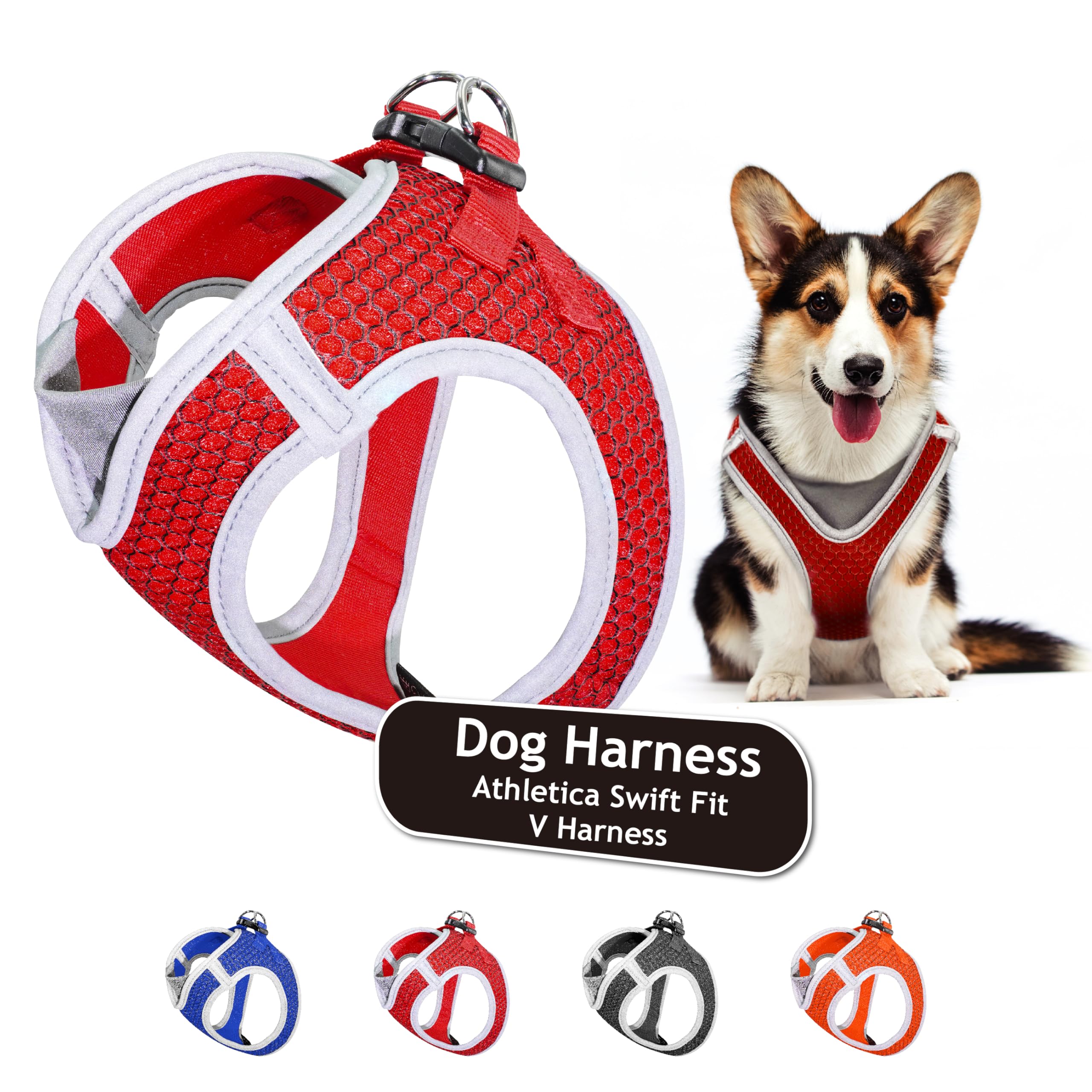 KRUZ PET KZA308-14L Reflective V-Neck Step in Mesh Dog Harness - No Pull, Quick Fit, Comfortable, Velcro-Adjustable Pet Harnesses for Walking & Training - Small, Medium Dogs - Red, Large