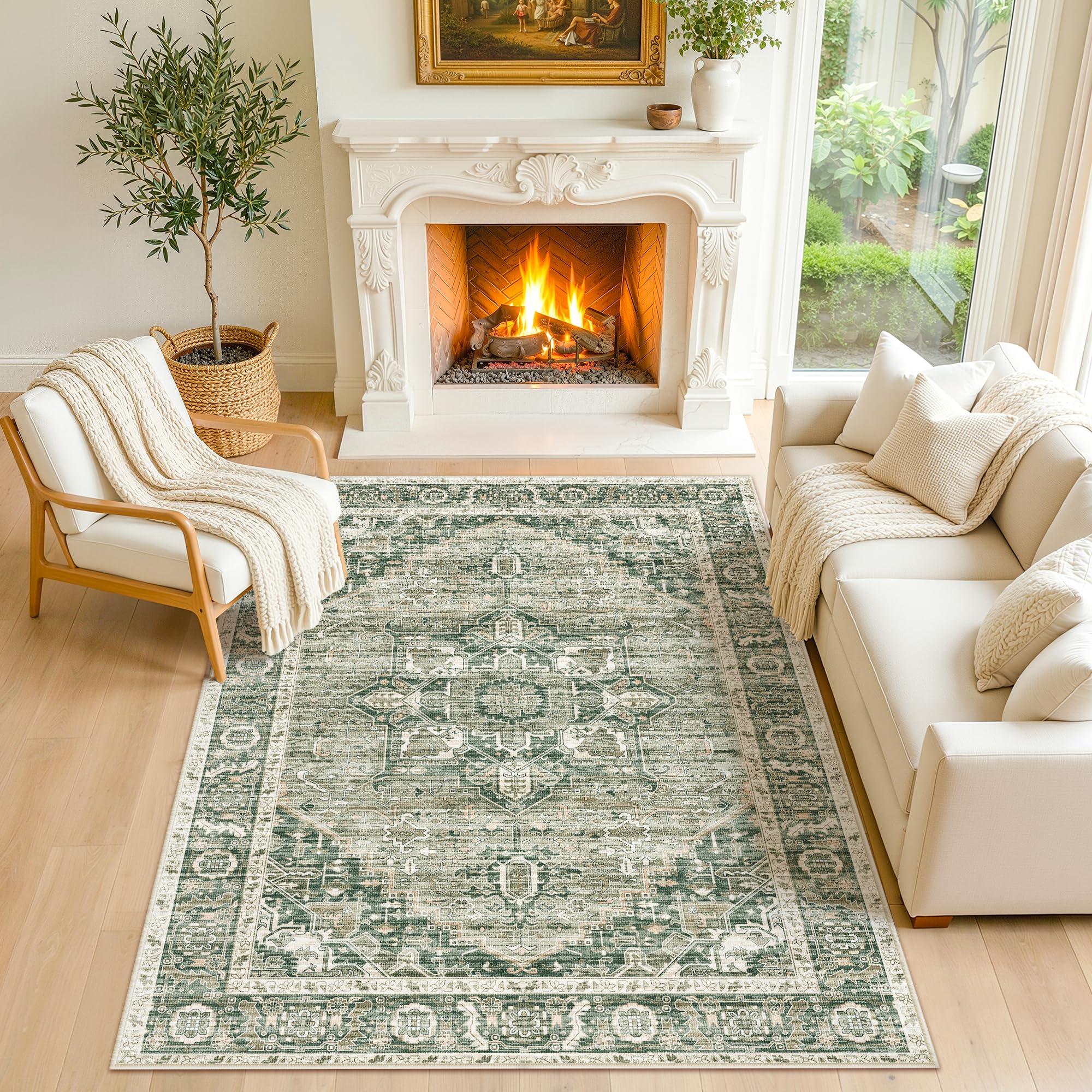 LIVELYGLOW 5x7 Washable Area Rug for Living Room Bedroom, Retro Printed Traditional Vintage Rug, Non-Slip Foldable Large Carpet for Dining Room Home Decor, Beige/Grey