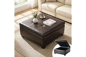Chocolate Coffee Table with Storage, 34" Square Faux Leather Ottoman with Gas Hinges, Large Upholstered Footrest & Coffee Tab