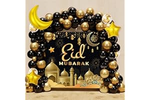 KAKANPARTY KaKan Eid Mubarak Decorations,83PCS Eid Decorations for home,Eid Mubarak Banner,Balloon Garland Arch Kit with Moon Star Balloons,Eid Decorations,Eid al-Fitr,al-Adha Decor(Black Gold)