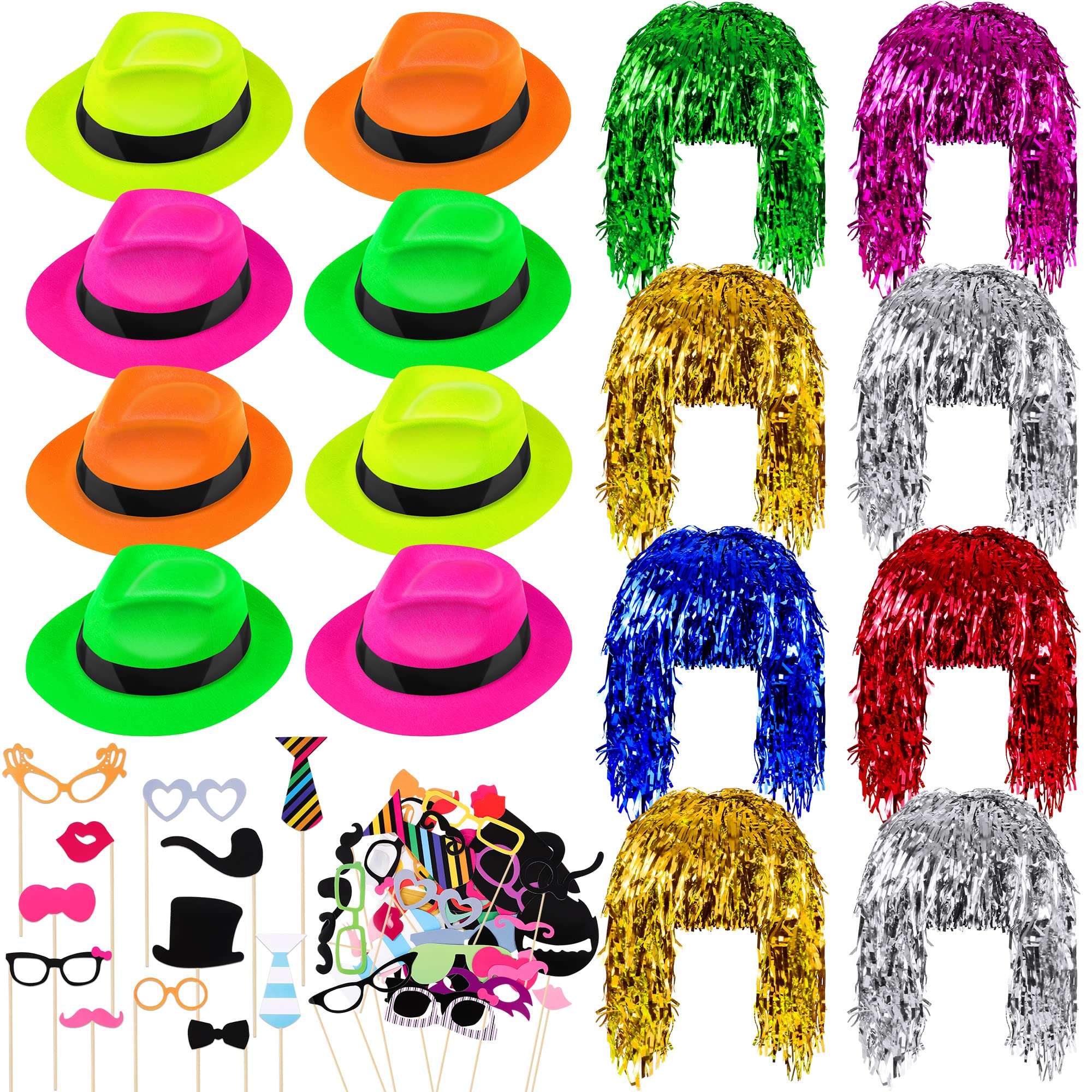 Aodaer 94-Piece Party Set - Funny Neon Gangster Hats, Metallic Foil Tinsel Wigs, Glasses, Photo Booth Props for Adults