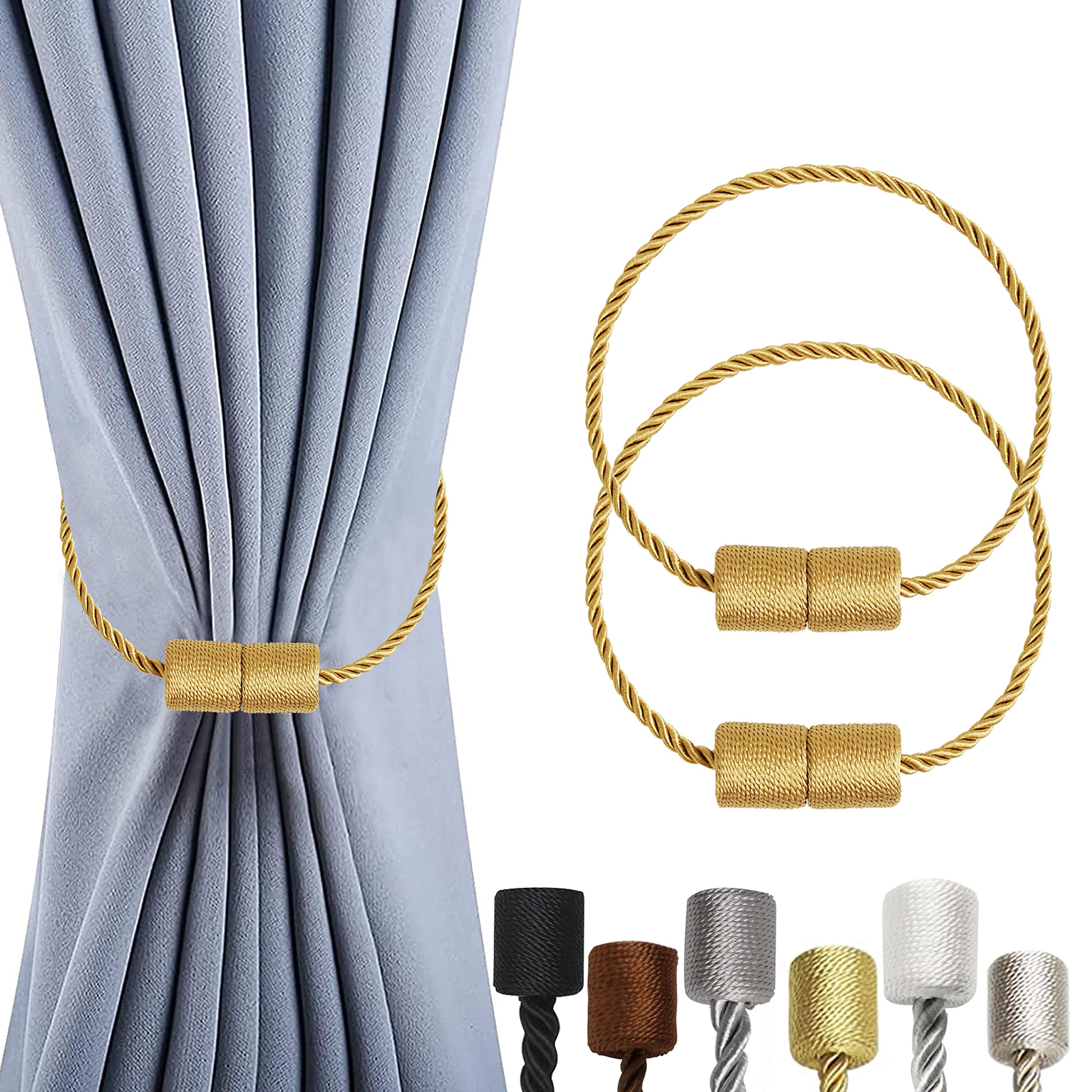 OCIOLI 2 Pack Magnetic Curtain Tiebacks Curtain Holdbacks Curtain Tiebacks Curtain Ties with Thicker Twist Rope & Strong Magnet Tie Backs for Curtains (Gold, 2)