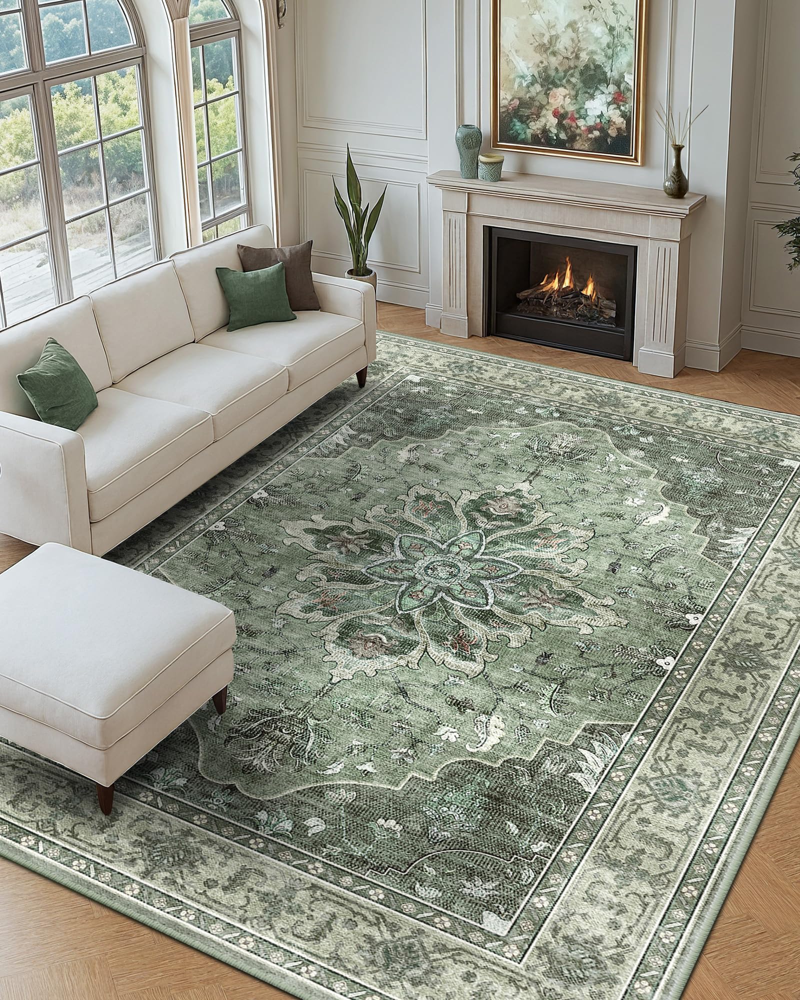 Photo 1 of ***DIRTY*** RELEANY Area Rugs 9'x12' Washable Non-Slip, Floral Vintage Distress Print Pattern Medallion Carpet for Living Room Bedroom Dining Room, Dark Green Gray