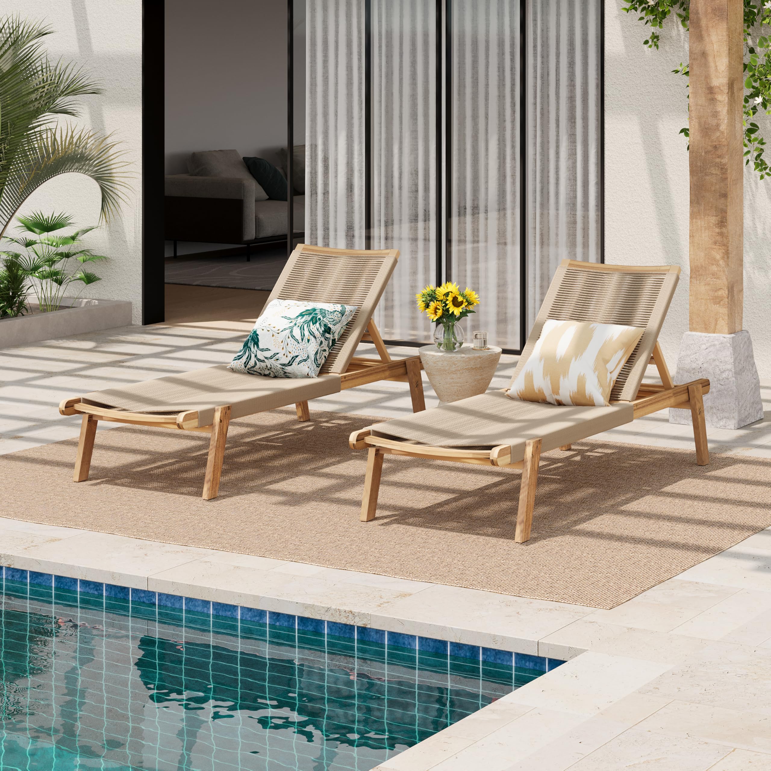 Photo 1 of Christopher Knight Home Set of 2 Outdoor Patio Wood Adjustable Chaise Lounges with Rope Seating, Rope Chaise Lounge with Acacia Wood Frame, Chaise Lounge for Poolside, Balcony, Yard, Teak+Beige