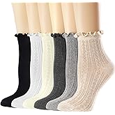 Mcool Mary Womens Crew Socks Ruffle Casual Cotton Frilly Breathable Cute Knit Lettuce Trim Dress Ankle Socks 6 Pack
