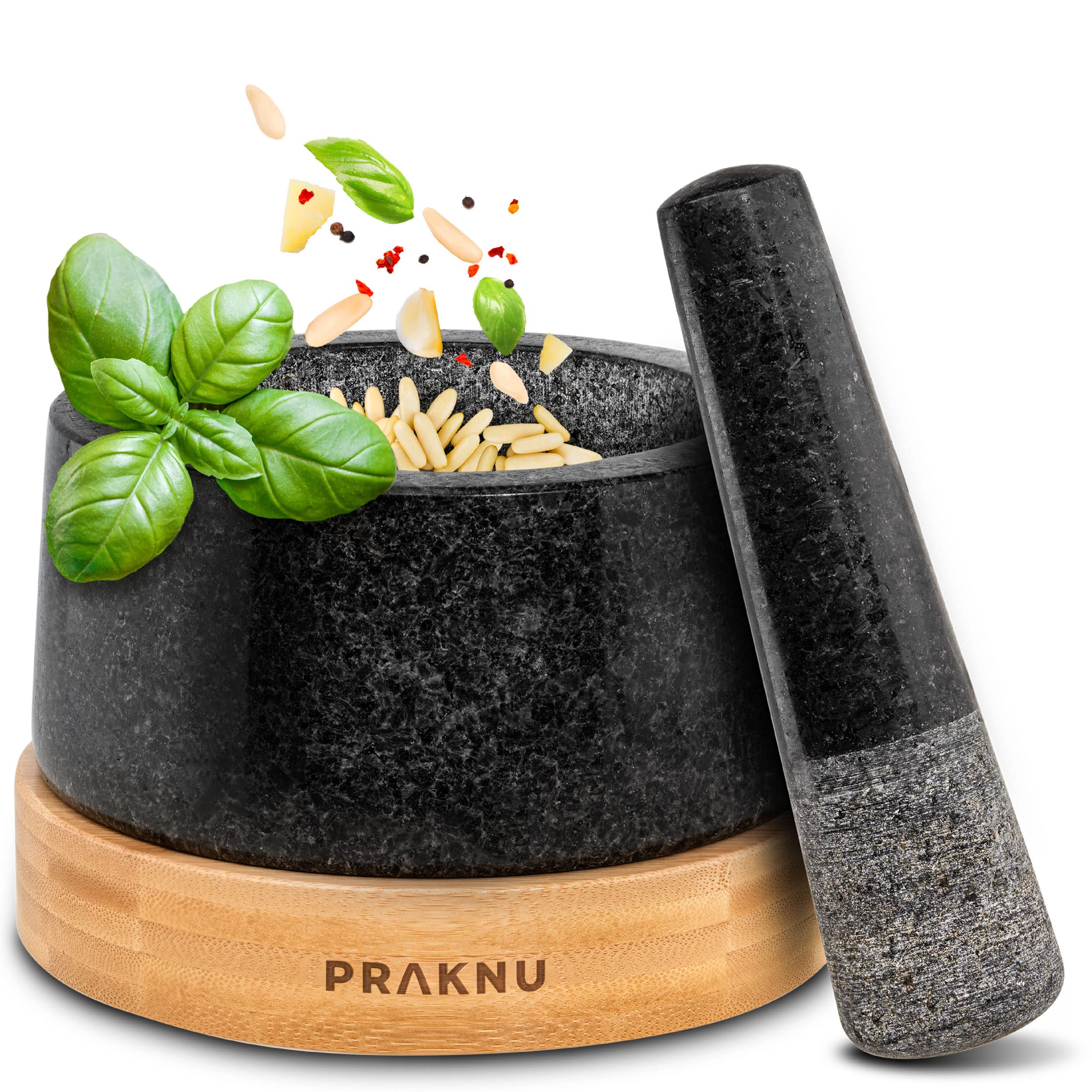 Praknu Pestle and Mortar Granite 15cm – Extra Long Pestle & Elegant FSC® Wooden Base – Perfect for Spices, Herbs or Nuts – Easy to Clean – Large