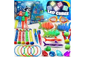 JoyX 35-Piece Diving Pool Toys Set for Kids Ages 4–12 – Includes LED Light Cubes, Goggles, Rings, Gems & Toypedo Bandits – Swim & Dive Training Set with Storage Bag for Pool Fun