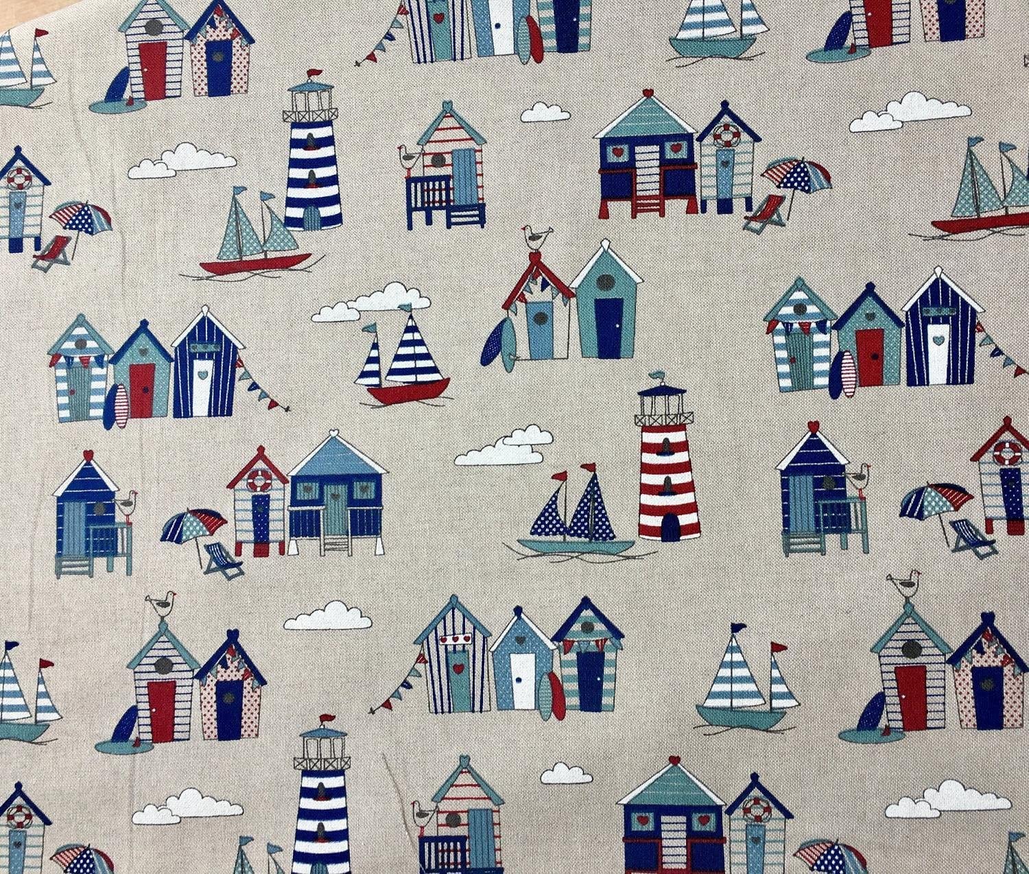 LushFabric Little Beach Huts Marine Print Fabric - Curtain Upholstery Material - 140cm Wide - Blue & Cream (2 Metres)