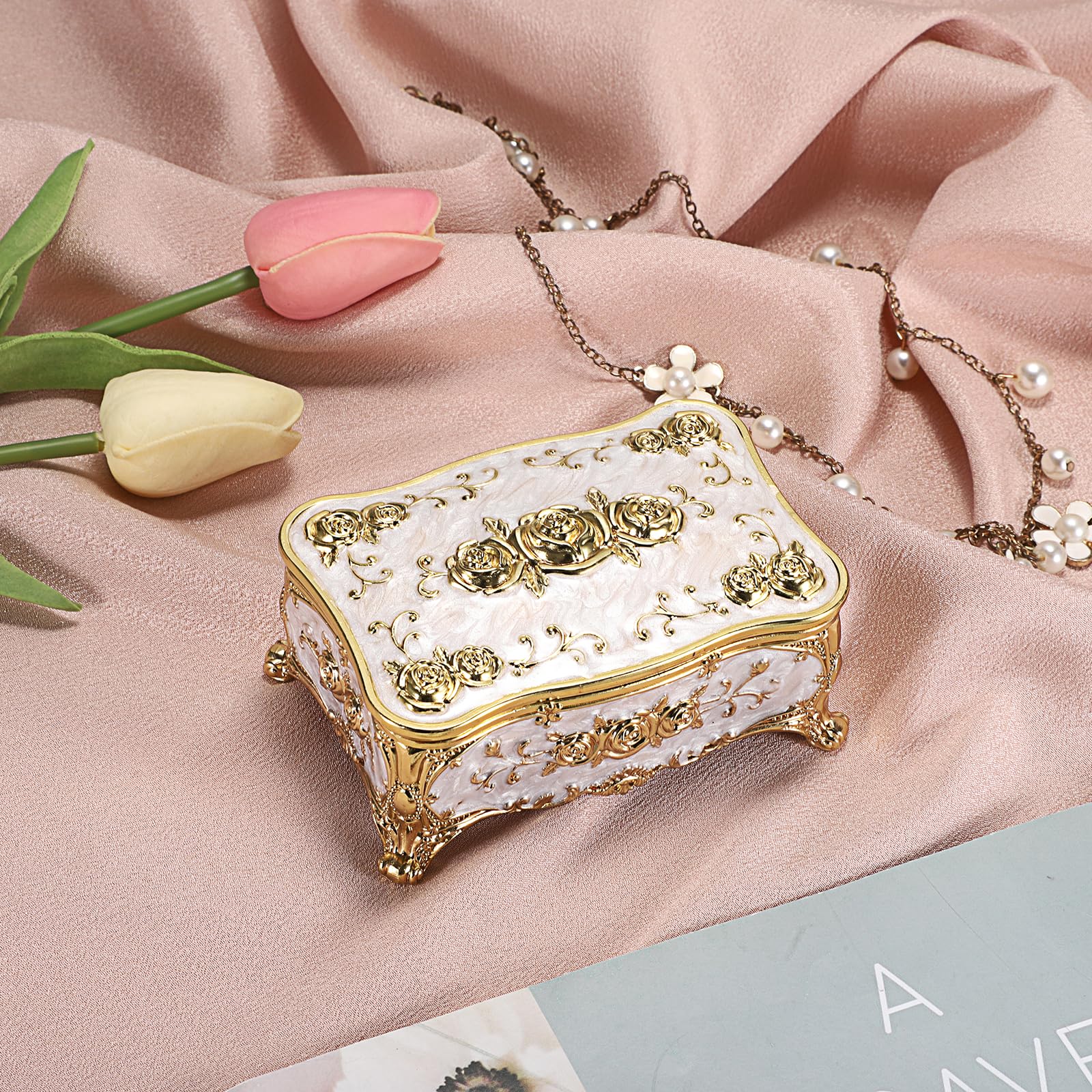 Hipiwe Hipiwe Metal Jewelry Box with Rose Pattern - Vintage Gold Trinket Organizer Box with Magnetic Latching Keepsake Storage Box for Ring Earrings Necklaces, Gift for Women