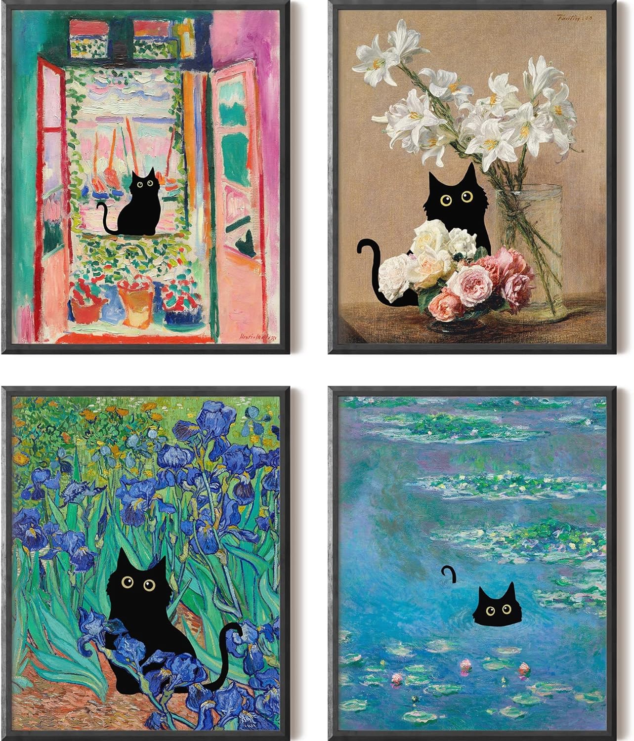 Wall Décor - Funny Black Cat Wall Art Prints, Matisse, Monet, Van Gogh, Eclectic Aesthetic Decor, Unframed, 8x10 Inch