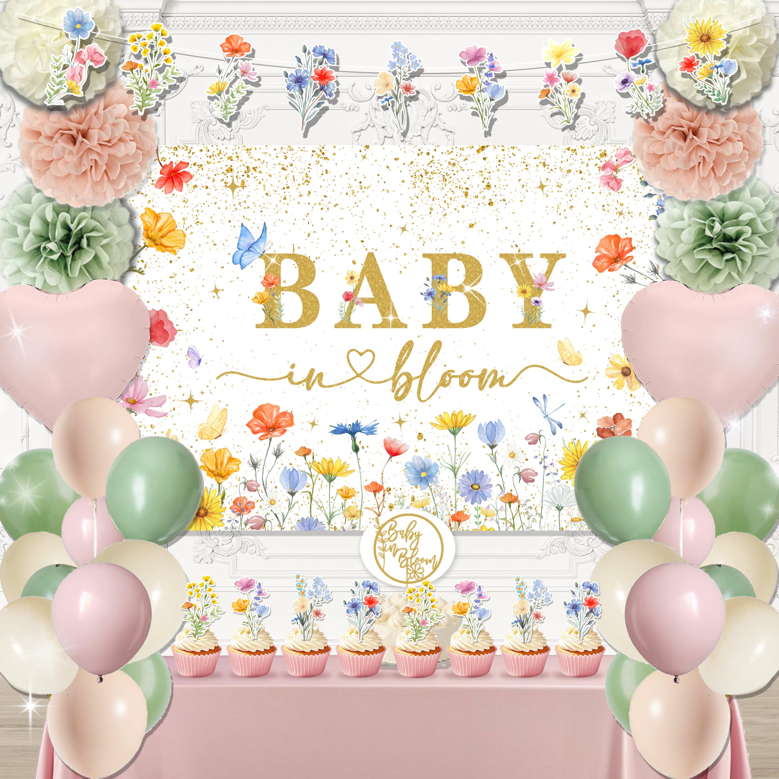 Photo 1 of Baby in Bloom Baby Shower Decorations for Girl,Paper Pom Poms Kit, Tissue Paper Flowers,tablecloths,Backdrop, Cake toppers