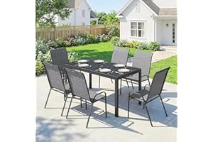 Outsunny 7 Pieces Outdoor Dining Set for 6, Rectangle Wood Effect Metal Patio Table and Mesh Stackable Chairs with Umbrella H