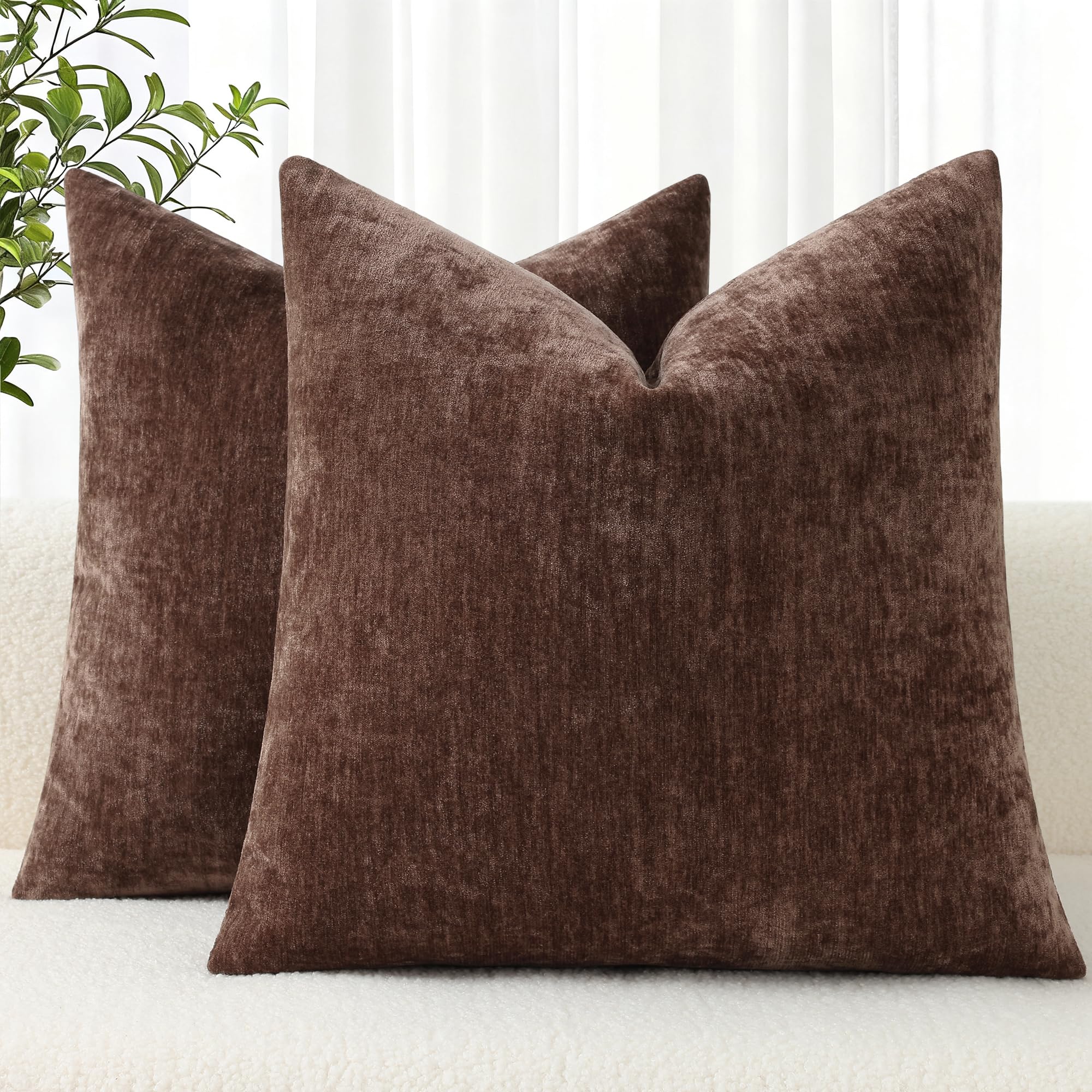 decorUhome Chenille Reddish Brown Spring Euro Sham Throw Pillow Covers 22x22 Inch Set of 2, Decorative Soft Couch Pillow Covers Solid Dyed Accent Farmhouse Neutral Square Pillow Cases for Sofa Image