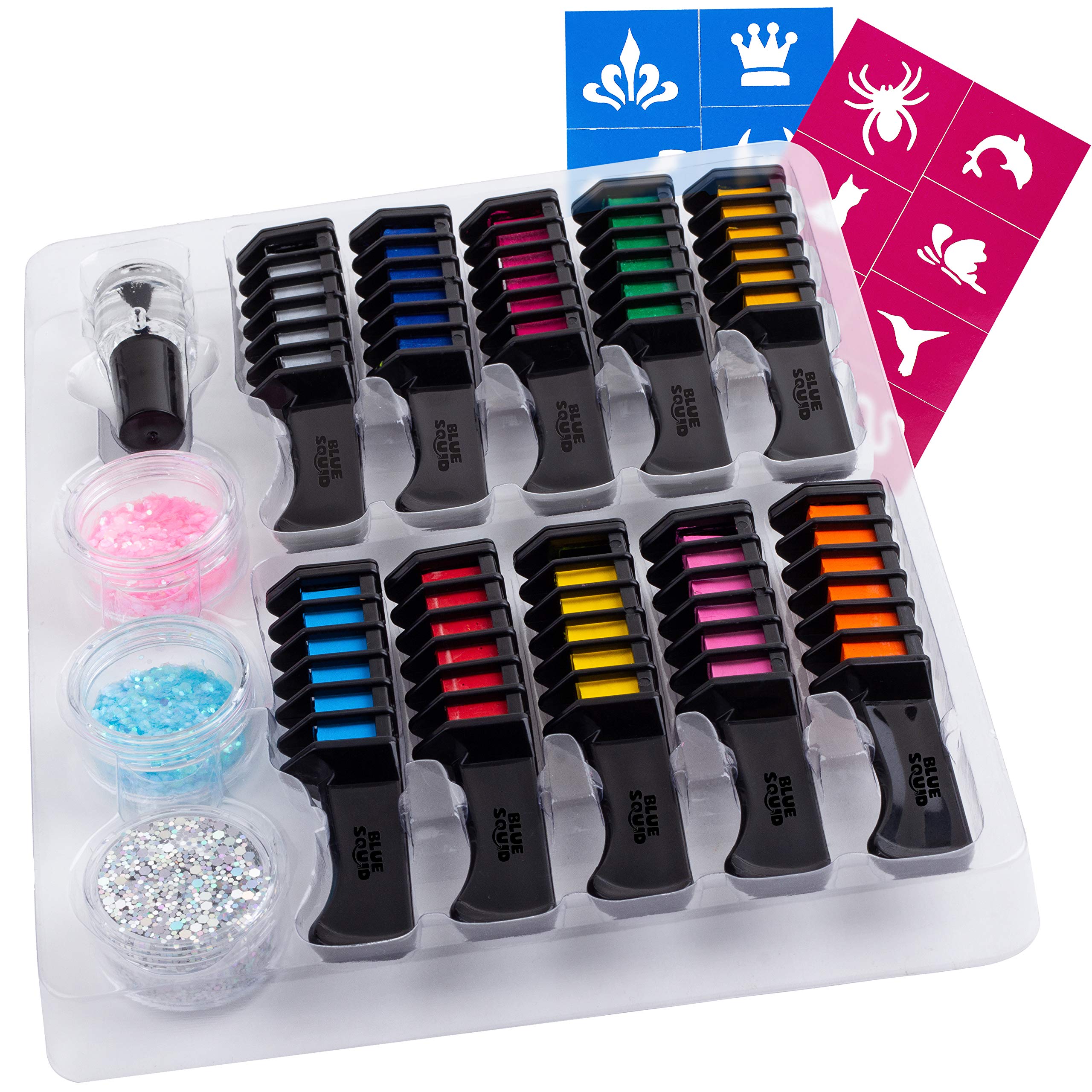 Blue Squid Hair Chalk for Girls – 16Pcs Fun Temporary Hair Color for Kids, BONUS Glitter Tattoo Set, 10 Combs, 16 Stencils, Vibrant Washable Hair Dye, Birthday Gift Girls Hair Accessories