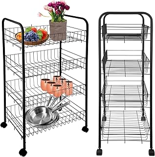 ONVAYA® Beistellwagen mit 4 Körben | schwarz | 39x26x76 cm | Rollwagen | Küchenwagen | Wagen | Metall | Regal | Bad | Servierwagen | Haushaltswagen | Allzweckwagen | Küchentrolley