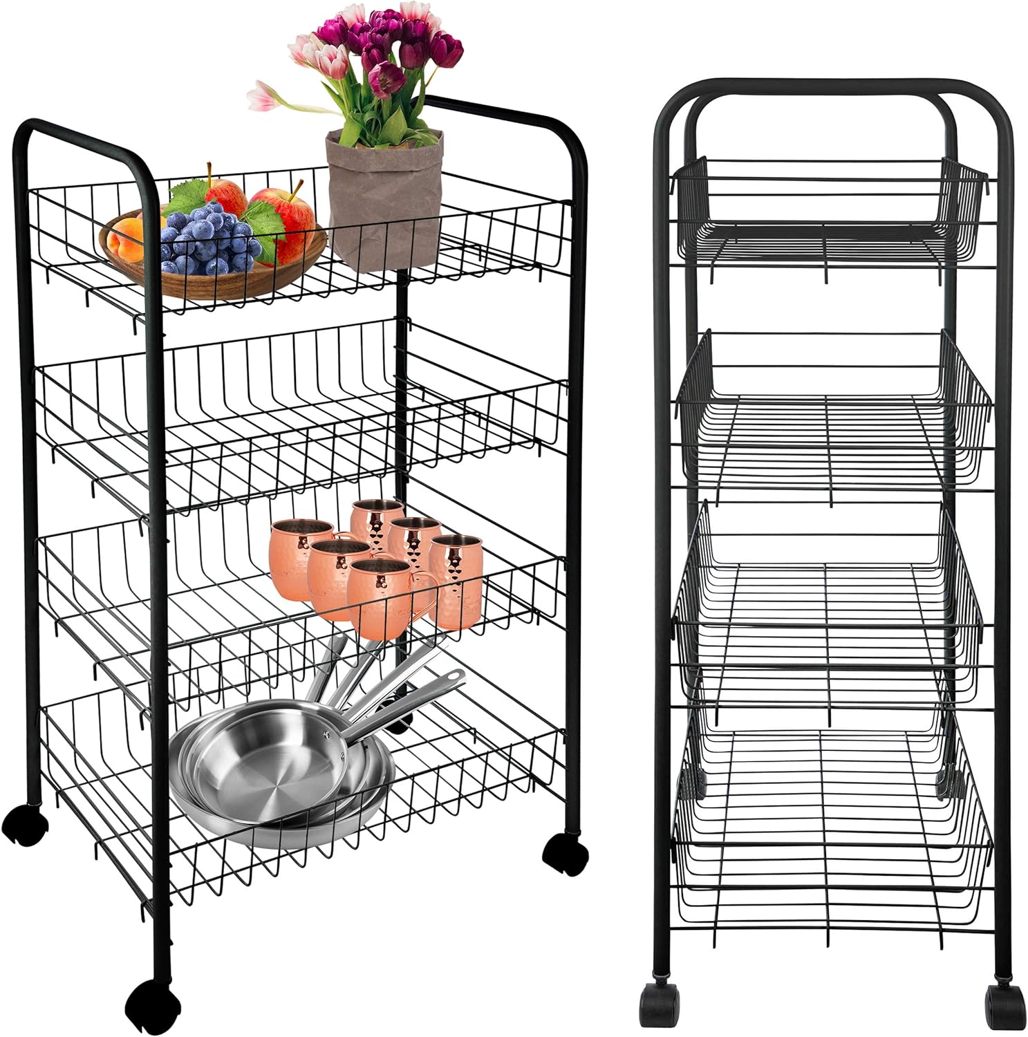 ONVAYA® Beistellwagen mit 4 Körben | schwarz | 39x26x76 cm | Rollwagen | Küchenwagen | Wagen | Metall | Regal | Bad | Servierwagen | Haushaltswagen | Allzweckwagen | Küchentrolley