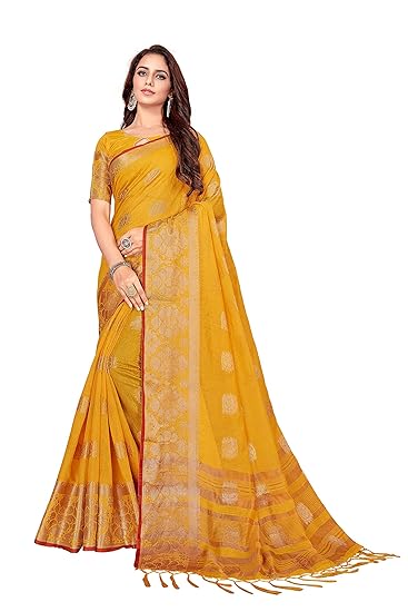 Women Self Design, Floral Print Fashion Pure Linen, Cotton Linen Blend Saree Yellow-Gold