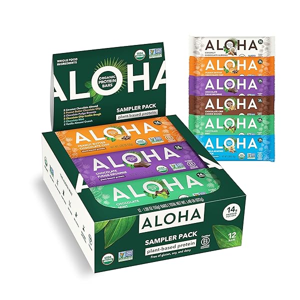 ALOHA ORGANIC PLANT BASED PROTEIN BARS – 6 FLAVOR VARIETY PACK – 12 COUNT, 1.9OZ BARS – VEGAN SNACKS, LOW SUGAR, GLUTEN-FREE, LOW CARB, PALEO, NON-GMO, STEVIA-FREE, NO SUGAR ALCOHOL SWEETENERS