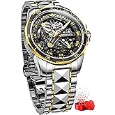 OLEVS Automatic Dress Mens Watches Square Brown Leather Strap Moon Phase Skeleton Tourbillion Day Date Waterproof Luminous Men's Wrist Watches