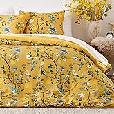 MUSSEL Yellow Bedding Queen Comforter Set 3 Pieces,Vintage Botanical Floral Pattern Bed Comforter Sets,Boho Whimsical Modern Printed Design Cute Seersucker Bedroom Comforter and Shams