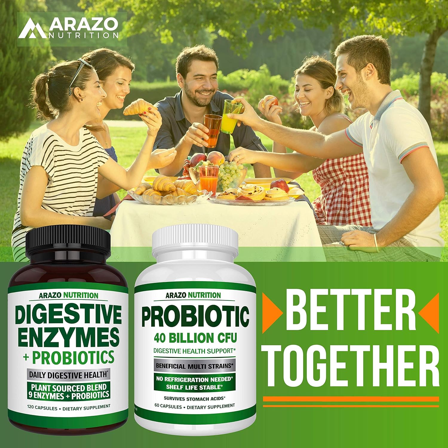 Digestive Enzymes with Probiotics - Multi Enzyme Nutritional Supplement - Acidophilus Bromelain Papaya Papain Lipase & Lactase - Improve Digestion - 120 Pills - Arazo Nutrition: Health & Personal Care