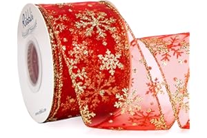 Ribbli Snowflake Glitter Wired Ribbon, Red Organza Sheer with Gold Glitter Snowflake Pattern and Iridescent Metallic Edge,2-1/2 Inch x 10Yards Christmas Ribbon for Tree Decoration