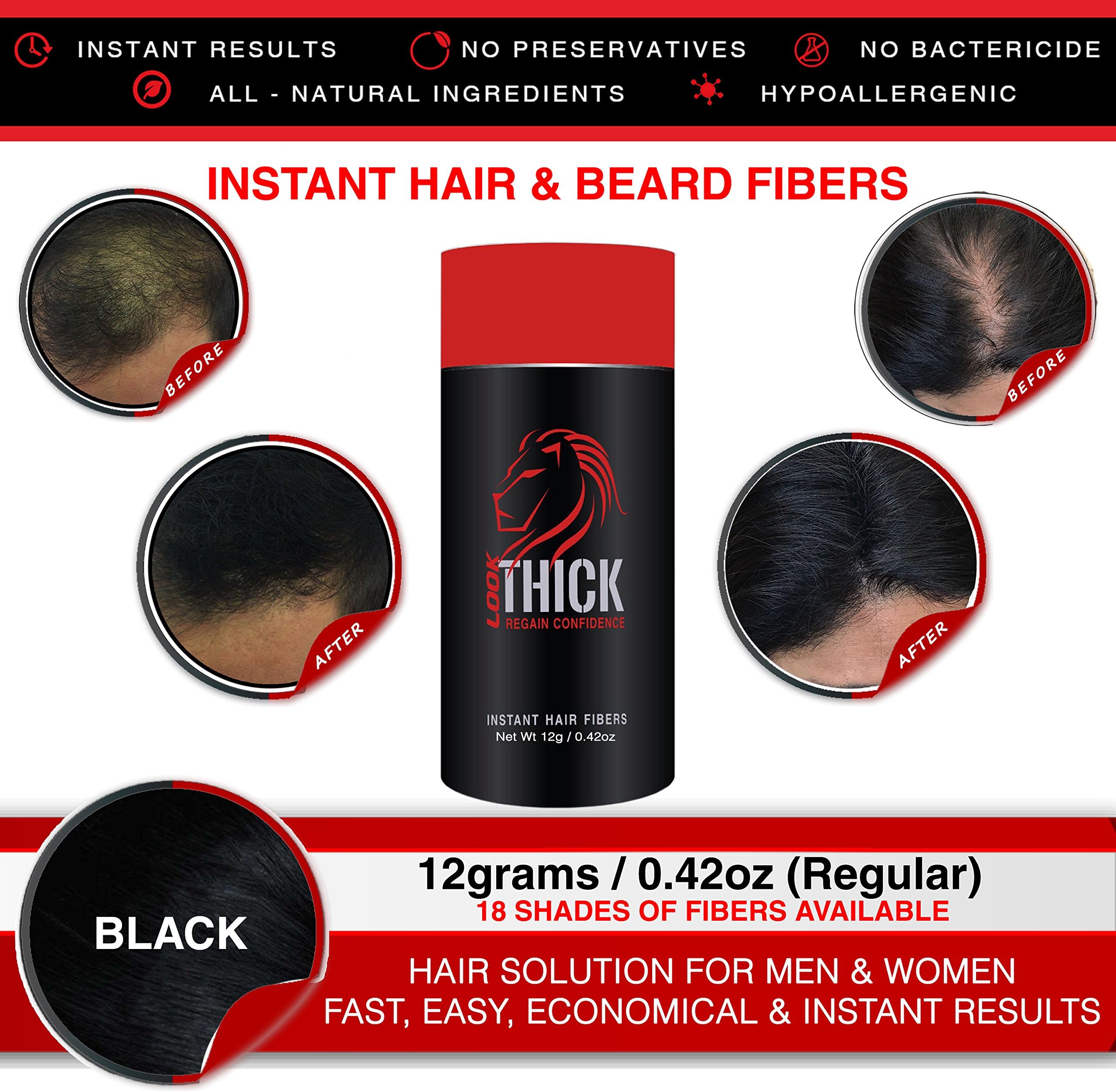 LOOK THICK Instant Hair and Beard fibers for Men, Women, Thin Hair, Thicker and Fuller, Hair Concealer, Hairline Filler, 100% Plant, Keratin and Corn, Regular Size (12 grams/Black)
