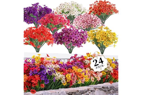 24 Bundles Artificial Flowers for Outdoors/Indoors, Fake Flowers Plants for Indoor Outside Garden Porch Window Box Home Weddi