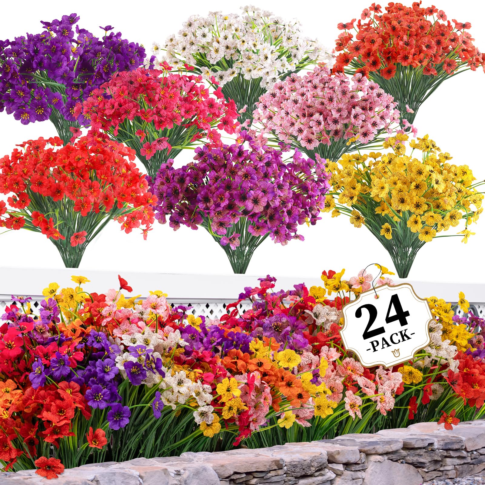 Photo 1 of 24 Bundles Artificial Flowers for Outdoors/Indoors, Fake Flowers Plants for Indoor Outside Garden Porch Window Box Home Wedding Farmhouse(8 Color)