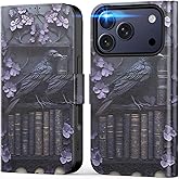 DEENAKIN for iPhone 17 Pro Wallet Case with Card Holder + Cash Clip, RFID-Blocking, Military-Grade Drop Protection, Magnetic Closure with Leather Kickstand - Purple Floral & Raven