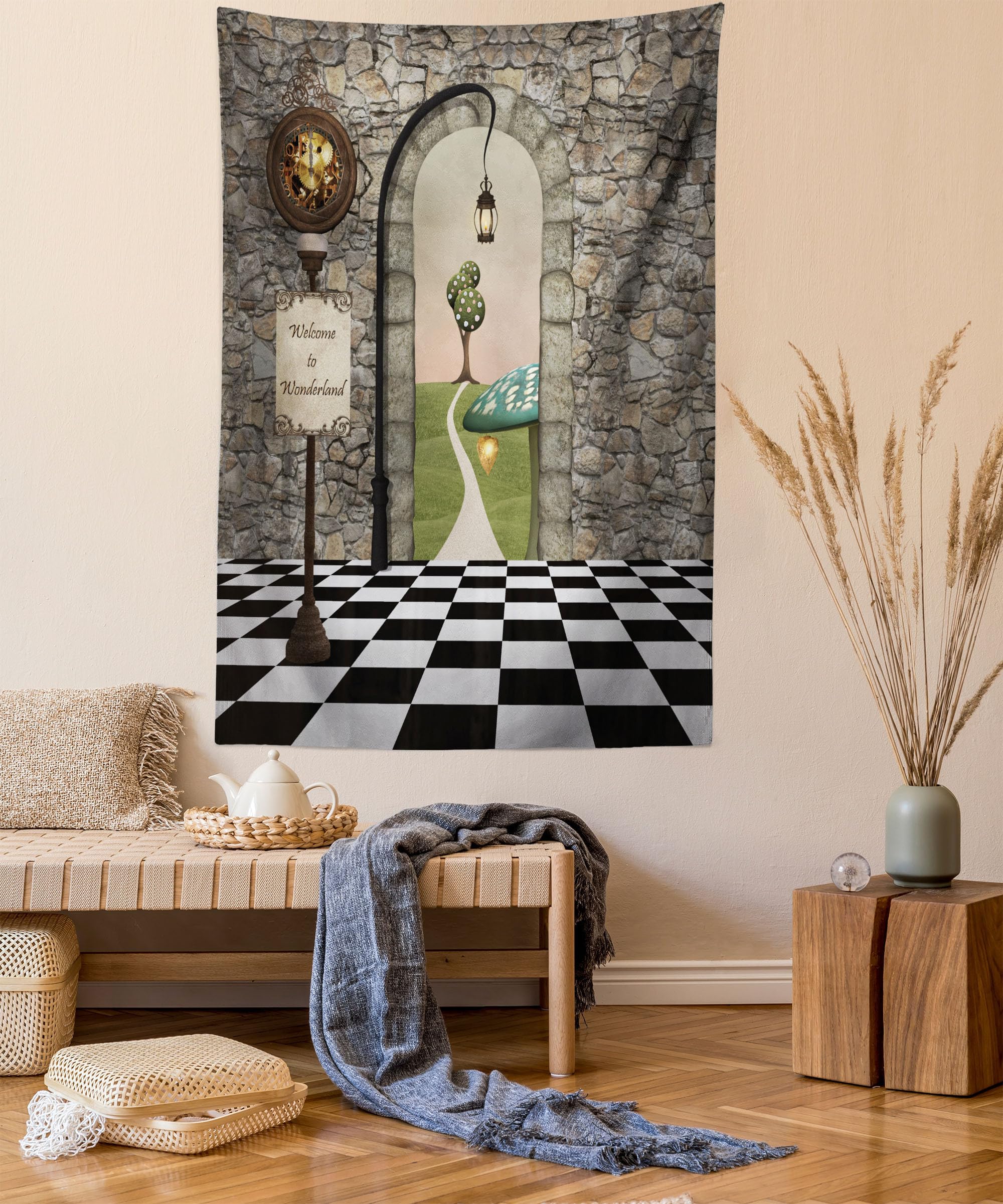 ABAKUHAUS Alice in Wonderland Tapestry, Welcome Wonderland Black and White Floor Landscape Mushroom Lantern, Fabric Wall Hanging Decor for Bedroom Living Room Dorm, 140 x 230 cm, Grey Black Brown
