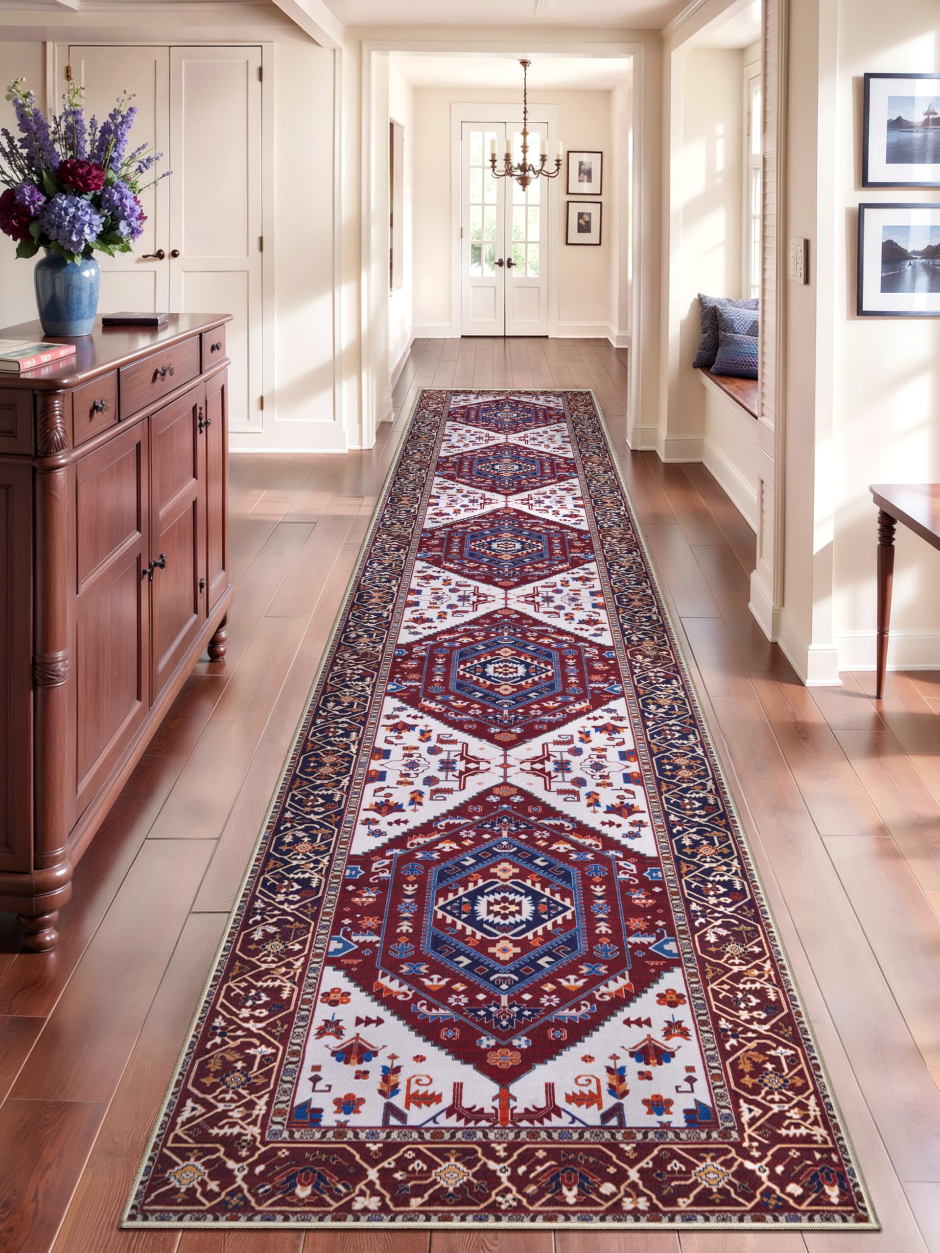 SERISSA Runner Rug for Hallways, 2'6"x14' Washable Non Slip Runner Rug, Extra Long Boho Rug Ultra Soft Vintage Burgundy Navy Print Floor Carpet for Bedroom Hallway Entryway Bathroom Laundry Room Image