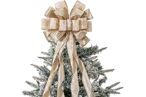 Christmas Tree Topper, 40x13 Inches Toppers Bow with Glitter Satin Mesh Streamer and Patterned Ribbon, Christmas Tree Topper 