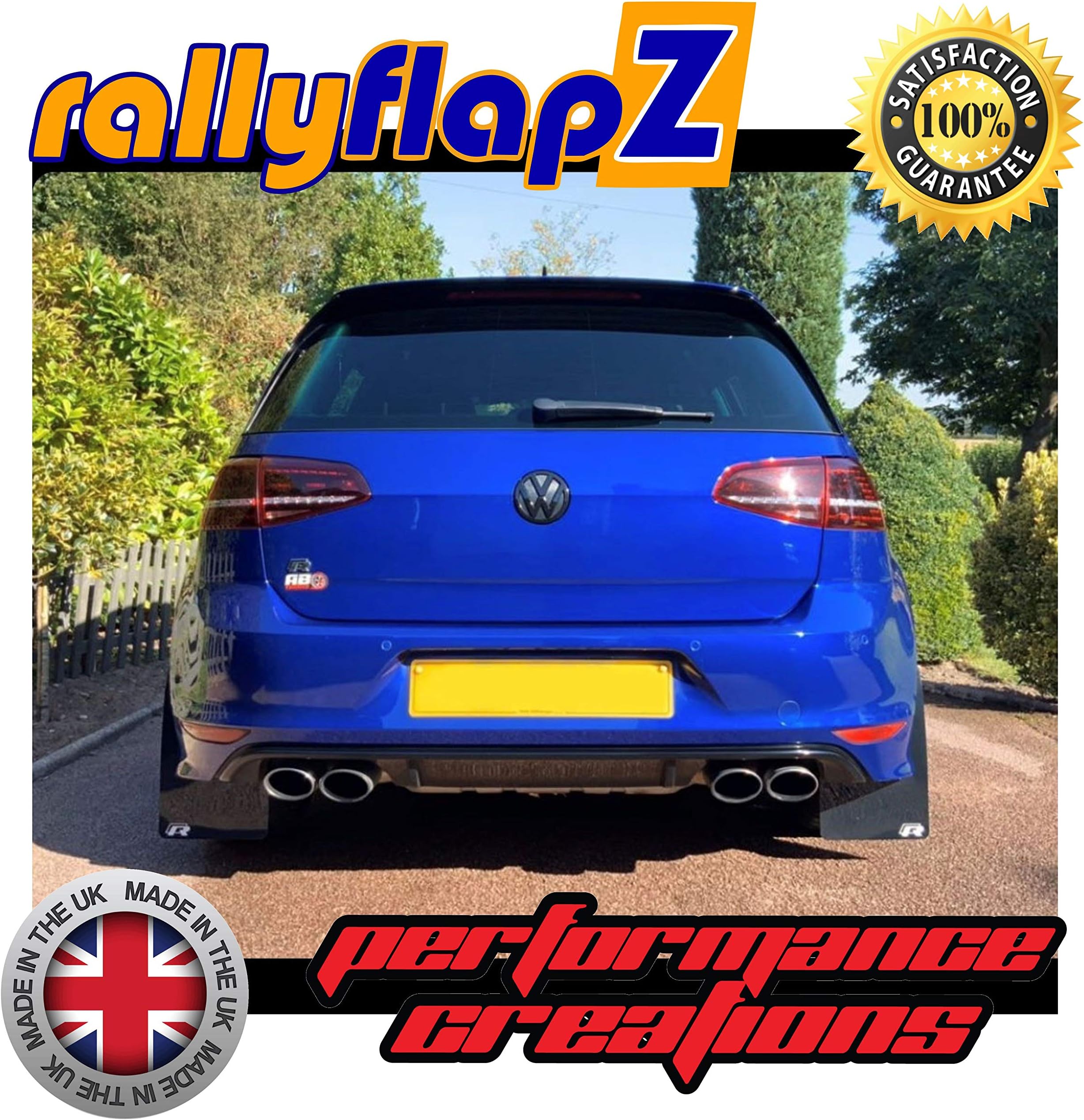 rallyflapZ/Set of 4 Custom made Mud Flaps Including Fixing Hardware & Instructions - Black 4mm Thick Flexible PVC R Logo White (RFGOLFR-BLK-PVC-R-W)