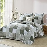 KALOOLA Moonbeam Green Plaid King Size Quilt Set - 100% Cotton Lightweight Breathable Quilted Bedspread with 2 Shams, All-Season King Quilt Bedding Set 3 Pieces, Farmhouse Printed Coverlet for Bed