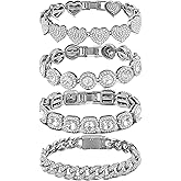 shopbyskyler 4PCS Gold Bracelets for Women Silver Clustered Tennis Bracelet for Women Heart Round Diamond Cuban Bracelet Layered Link Bracelet Set Fashion Jewelry for Women Set