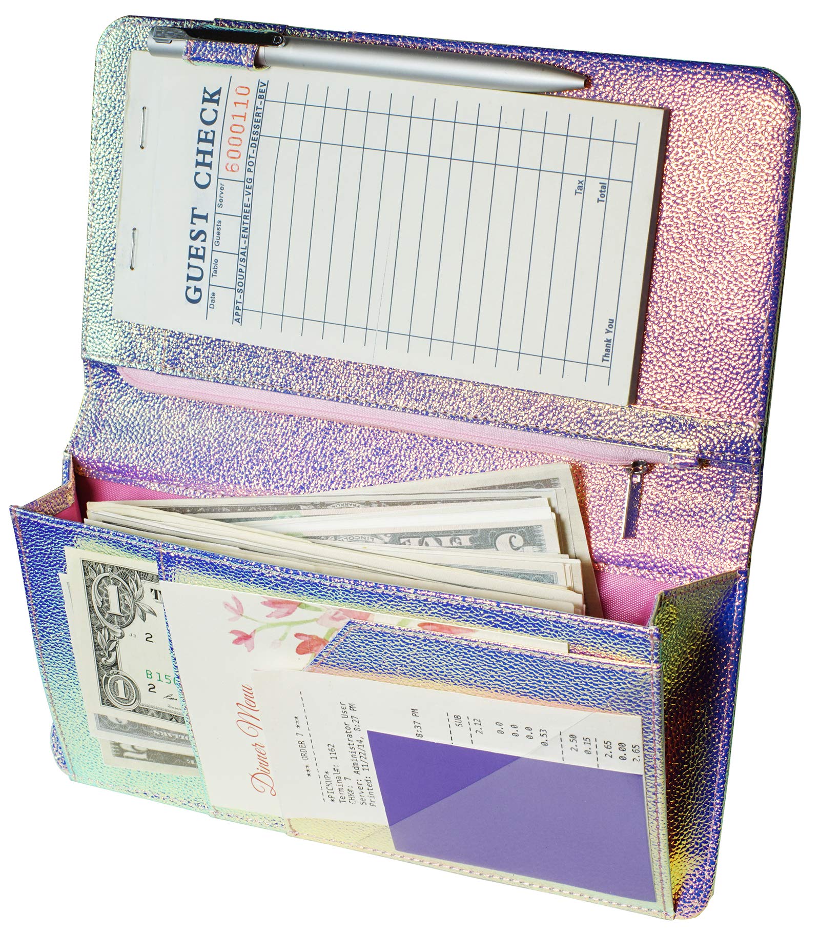 Photo 1 of Zreal Server Book with Zipper Pocket, 5 X 9 Waitress Book, Magnetic Closure Pocket with Big Volume, Guest Check Book with Pen Holder for Waiter Server Wallet Fit Waitress Apron (Iridescent A)