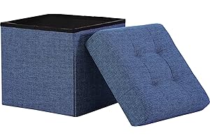 Ornavo Home 15 Inch Folding Storage Ottoman with Storage, Square Small Storage Ottoman Foot Rest Stool, Bedroom Bench with Storage - (Navy Blue)