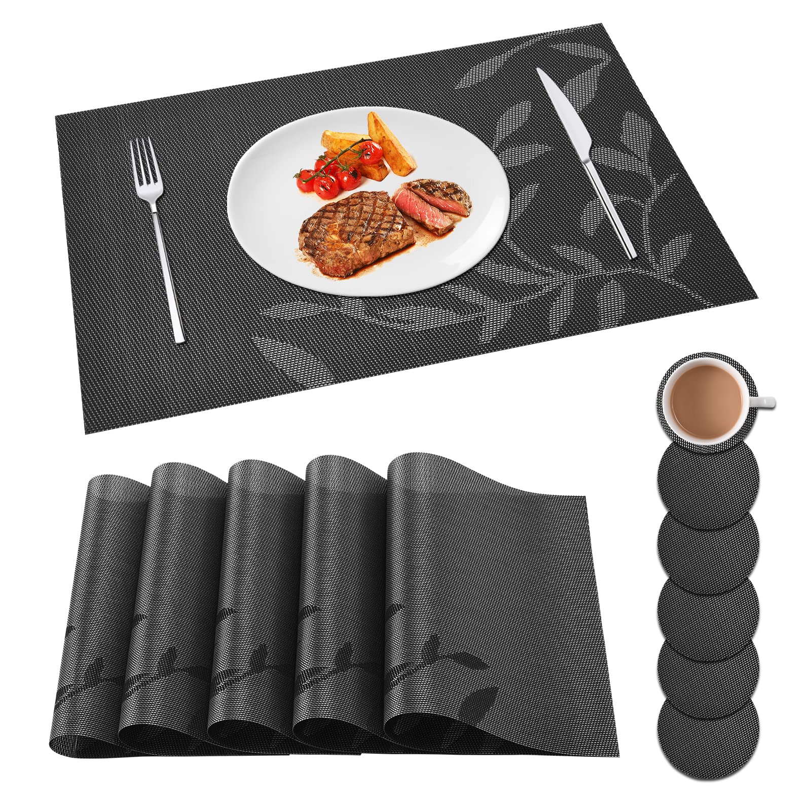 Miorkly Placemats and Coasters Sets of 6 Weaving Table Mats Resistant Washable Non-slip PVC Christmas Table Place Mats and Coaster Sets for Home Restaurant,Black Leaf